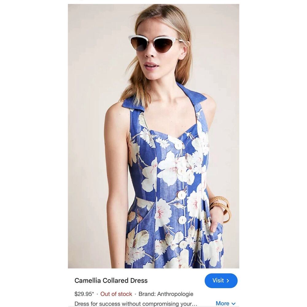 Anthropologie Camellia Collared Dress Sz 8 Floral Blue Beige